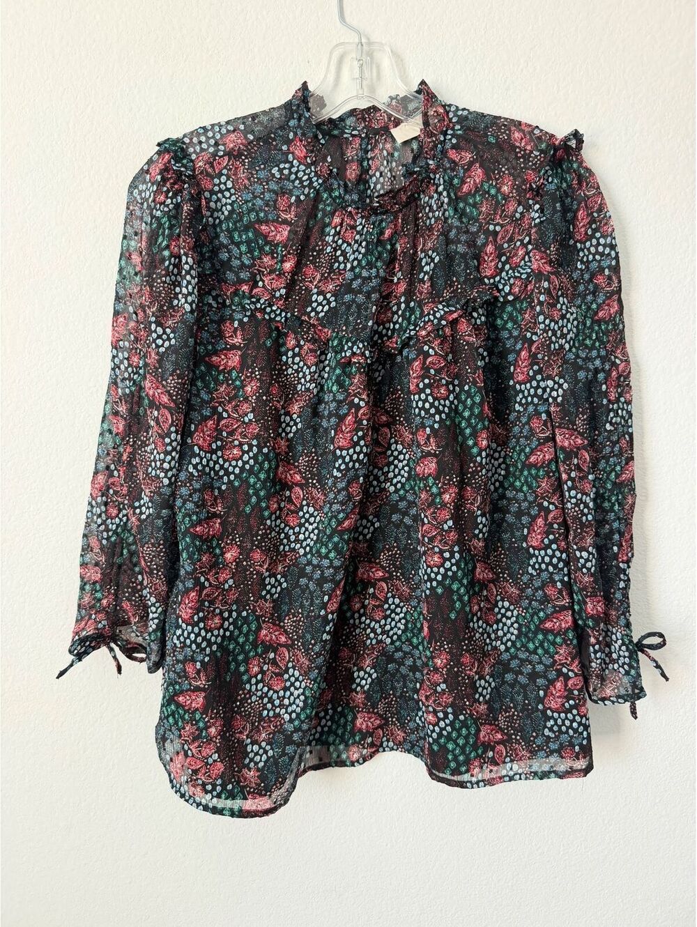 LOFT Floral 3/4 Sleeve Ruffled Neck Semi-Sheer Blouse Women's Size M